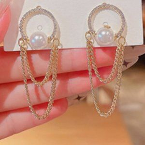 Gold Pearl Drop Chain Earrings